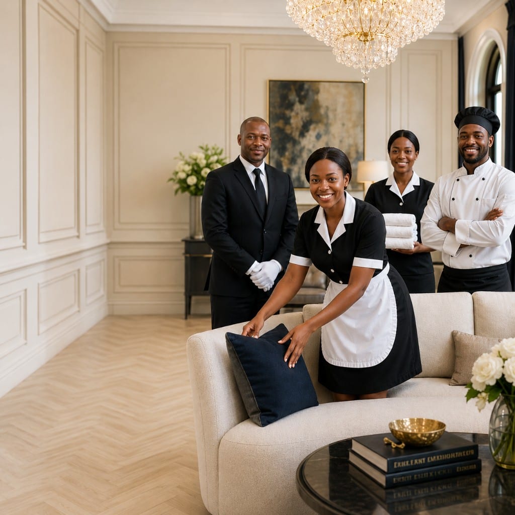 Because your home deserves the best — Pukena team of executive driver, private chef, and housekeepers in a luxury Lagos living room. Discreet, skilled, trusted domestic staffing for Lekki, Ikoyi, and Victoria Island.
