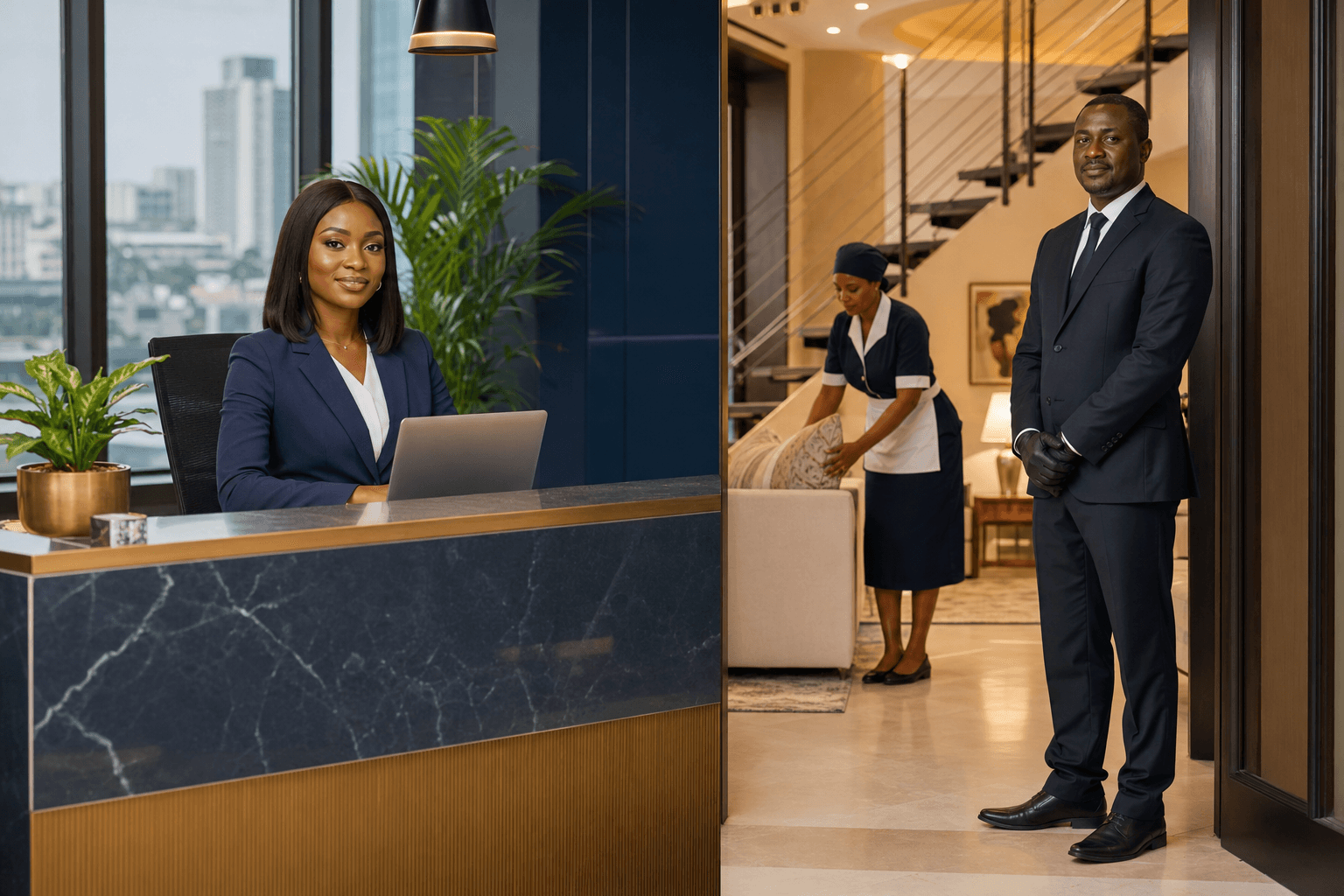 Pukena managed workforce — Nigerian professionals in a modern Lagos office and an elegant home setting, representing staffing for businesses and households.