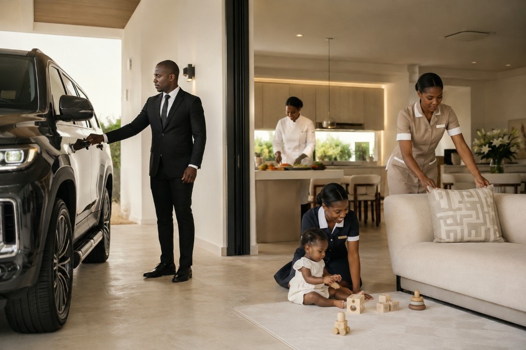 Pukena household professionals — chauffeur, chef, nanny and housekeeper in a luxury Lagos home.